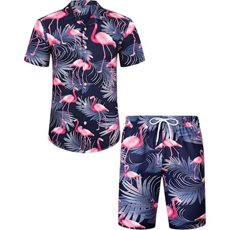 Herre Hawaiiskjorte og Shorts Sæt Regular Fit Kortærmet Casual Funky Strand Flamingo Skjortesæt XXL