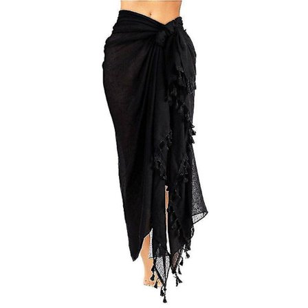 Dame Strand Batik Lang Sarong Badedragt Cover Up Wrap Pareo Med Kvaster Sort 1 stk. Ha (LGL)