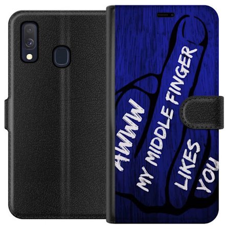 Kompatibelt Lommeboketui til Samsung Galaxy A40 Mørk typografisk illustrasjon med hjerteform og budskap om vennskap mot dyp blå tretekstur