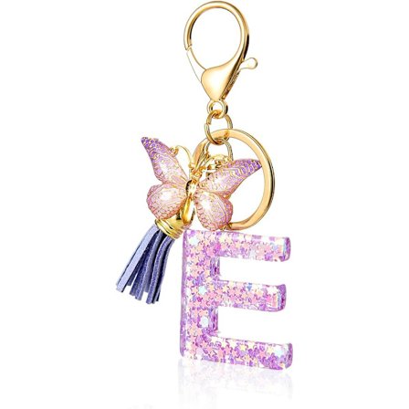 Nyckelring med alfabetets initial, lila initialnyckelring med fjärilstofs, nyckelring i harts för kvinnor, plånböcker, väskor, bokstav