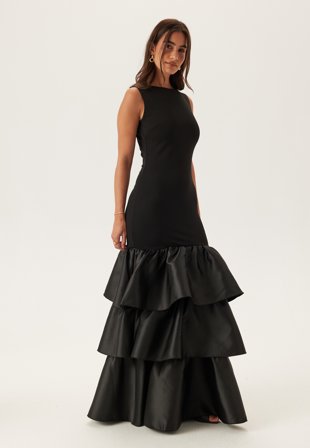 Goddiva Satin Frill Maxi Dress Black Vaatteet
