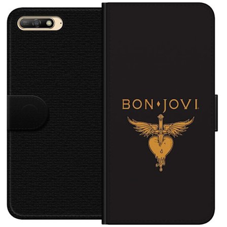 Kompatibelt Plånboksfodral till Huawei Huawei Y6 (2018) Ikonisk musikillustration med bevingat hjärta och dolk i guldtoner på mörk bakgrund, kraft