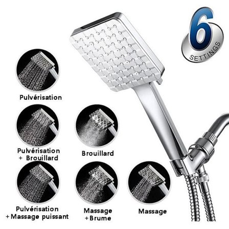 Dusjhode med 1,5M slange, universalt justerbart firkantet erstatningsdusjhode med trykkontroll, 6 dusjmoduser