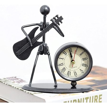 Musikalsk Iron Man-klokkepynt, vintage dekorativ bordklokke i musikalsk stil, jernmateriale, metallhåndverk for hjem, kontor, soverom, skole, bass