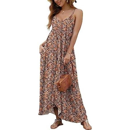 IC Kvinner Sommer Print Boho Casual Løse Strand Ferie Spaghetti Stropper Lang Maxi Kjole med Lommer