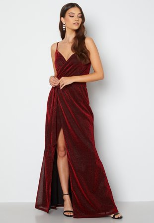 Goddiva - Glitter Wrap Front Maxi Dress - Red - Kläder - - Bubbleroom Omlottklänning