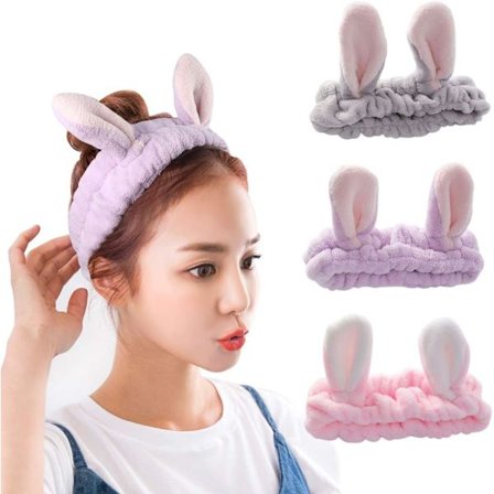 3 stk. sminke hårbånd kvinner søt pannebånd pannebånd kaninører hårbånd for yoga/sport/sminke(rosa lilla og grå)