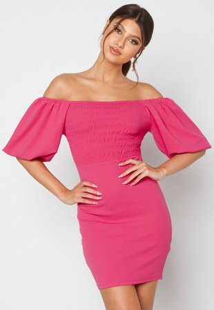 BUBBLEROOM Jenni off shoulder puff sleeve dress Dark pink Klær