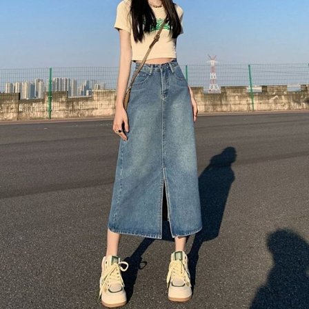 Split jeanskjol A-line kjol VINTAGE BLUE L