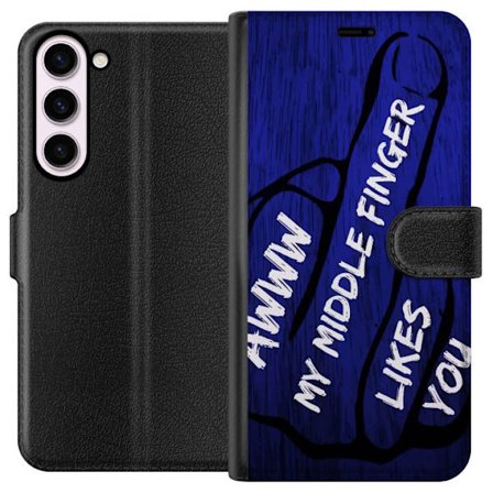 Kompatibelt Lommeboketui til Samsung Galaxy S23+ Mørk typografisk illustrasjon med hjerteform og budskap om vennskap mot dyp blå tretekstur