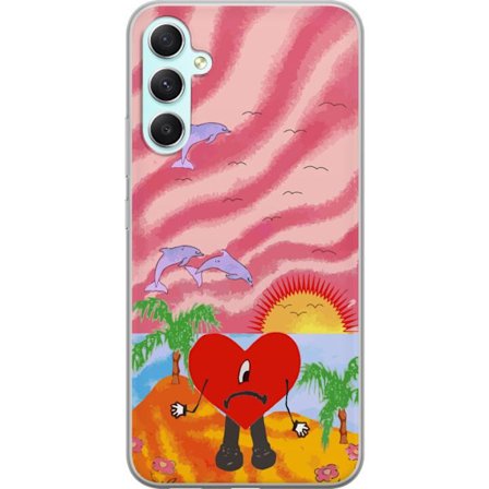 Kompatibelt Mobildeksel til Samsung Galaxy A34 Bad Bunny i en fargerik quiltet jakke med hjertemønster og solbriller i moderne gatestil