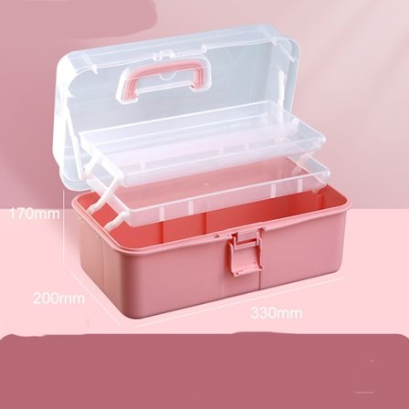 (Rosa) 33 cm 3-lagers förvaringslåda, multifunktionell verktygslåda i plast med handtag för sömnad, smink, medicin
