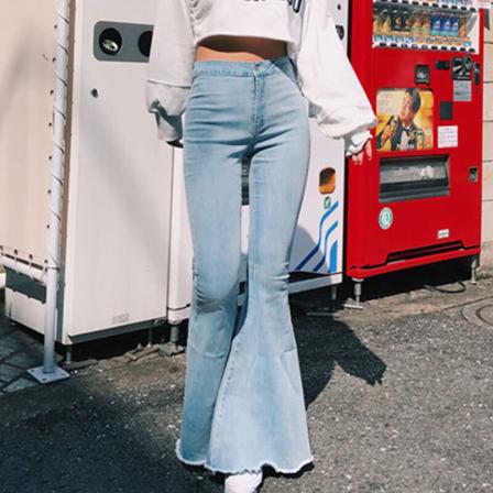 Damknapp Stretchig Enfärgad Raw Fåll Bottom Zipper Jeans
