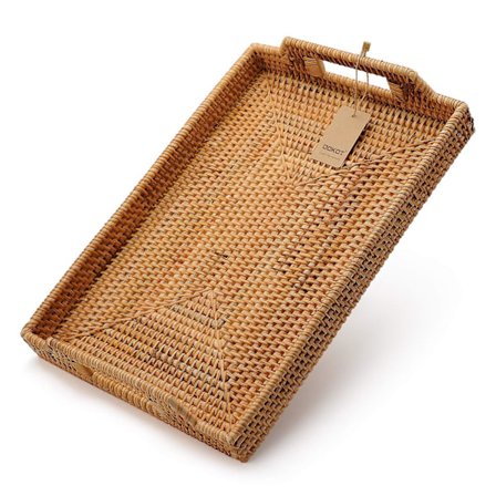Håndvævet Rattan Rektangulær Serveringsbakke Med Håndtag Til Morgenmad, Drikkevarer, Snacks Til Kaffebord