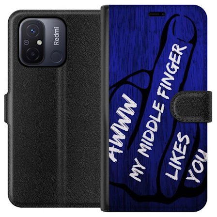 Kompatibelt Lommeboketui til Xiaomi Redmi 12C Mørk typografisk illustrasjon med hjerteform og budskap om vennskap mot dyp blå tretekstur