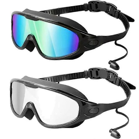 Svømmebriller til voksne med stor ramme, HD vandtætte og antidug svømmebriller, unisex (sort guldbelagt + sort transparent)