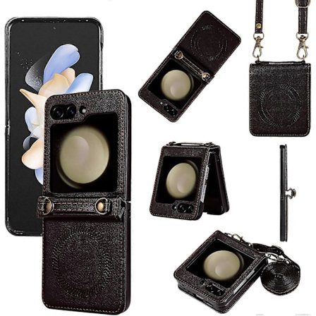 MagSafe Crossbody Läderfodral med Stötskydd för Samsung Galaxy Z Flip 6 med Avtagbar Rem