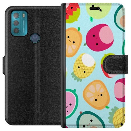 Kompatibelt Lommeboketui til Motorola Moto G50 Mønster av kawaii-frukter som jordbær sitron ananas og avocado på lyseblå bakgrunn