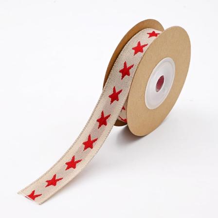 15mm 5yard Röd Stjärna Brun Bomull Linneband, Inslagningsrep God Jul Mönster för DIY Födelsedagspresent Paket Gunst Festdekorationer color 1