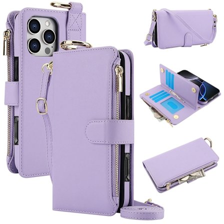 Etui til iPhone 16 Pro lilla ring multifunktionel pung kortholder bælte crossbody rem
