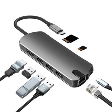 8-i-1 USB-C Hub med USB 3.0, HDMI, RJ45, SD/TF-kortslot, 100W PD-opladning