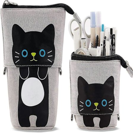 Vertikalt penalhus til piger og drenge, teleskopisk penalhus til fødselsdags- og julegave, grå kat