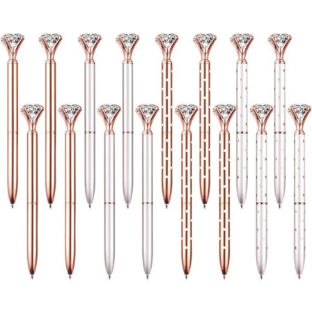 Bling Stor Kristall Diamant Kulspetspenna Metall Kulspetspennor, Inkluderar 16 Pennpåfyllningar Roséguld, Vit 16 ST