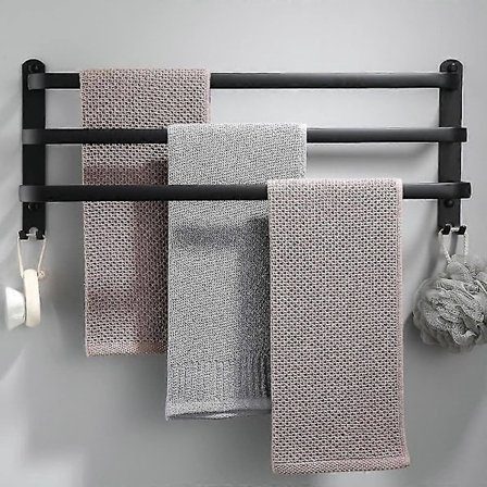 Væghængt håndklædeholder i aluminium, 3 niveauer med kroge, 60 cm, vandtæt sort håndklædeholder til badeværelse og køkken