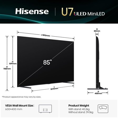 Hisense 85U7Q 215cm 85" UHD Mini LED Smart TV Fernseher