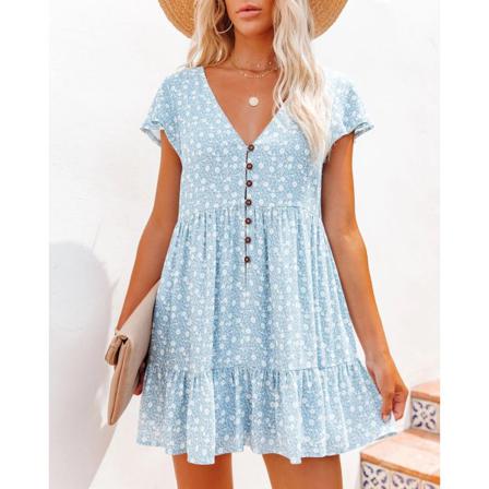 Sommar Kvinnor Chiffong Klänning Sexig V-ringad Blommig Mini Beach Ruffle
