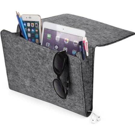 Tykkere sengeholderlomme for oppbevaring, filtsengebrett hjemmesofa skrivebord sengebrett oppbevaringsorganisator med 2 små lommer (Grå med hull)