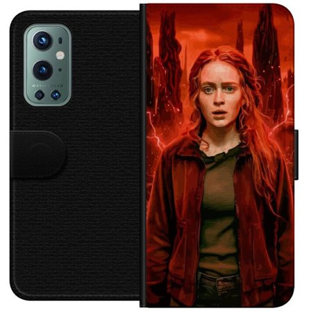 Kompatibelt Plånboksfodral till OnePlus 9 Pro Porträtt av en ung kvinna med rött hår i en apokalyptisk landskap, röda blixtar och mörka klippfor