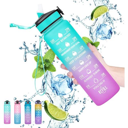 Sports Vandflaske 1 L, Motiverende med Tidsmarkering og Strå, 30oz Lækagesikker Design til Sport, Vandreture, Fitnesscenter, Fitness, Udendørs