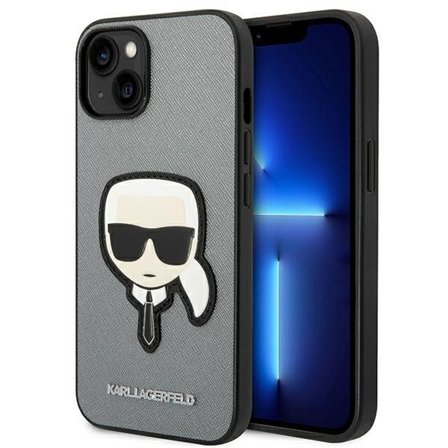 Karl Lagerfeld Saffiano Karl's Head Patch fodral för iPhone 14 Plus - silver