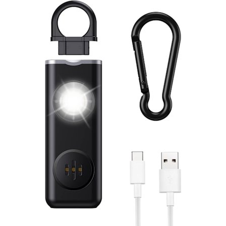 Personlig alarm nøglering til kvinders sikkerhed - Høj 130 dB sirene med stroboskoplys og karabinhage - Hjælper kvinder, børn, mænd, seniorer, ældre i