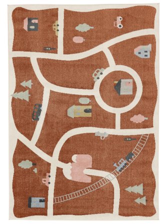 Road Map Tappeto Bambini Lavable 140X200 Piccolo Rosso Ruggine/Multicolore Motivo Stradale Giocoso