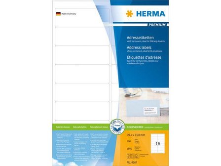 Herma Premium - Papir - matt - permanent selv-adhesiv - hvit - 99.1 x 33.8 mm 1600 etikett(er) (100 ark x 16) laminerte adresseetiketter