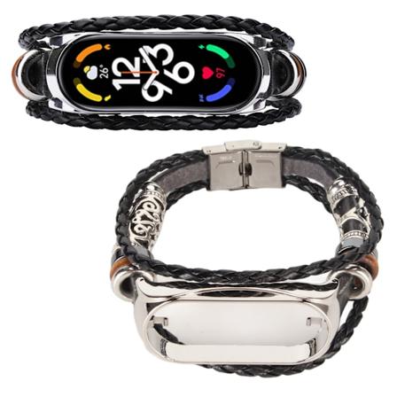 Læderrem til Xiaomi 7 NFC Armbånd Metalspænde Etnisk Stil Retro Smart Watch Udskiftningsrem til Mi Band 7 Sort og Sølv