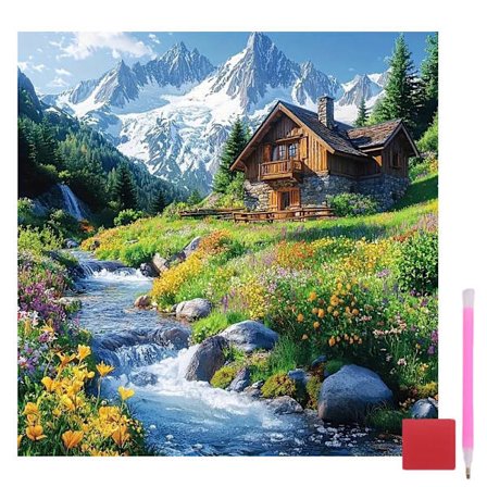 Landskabs Diamant Kunst Sæt til Voksne, Bjerg Hytter & Blomstrende Blomster Diamant Maleri Sæt til Begyndere, DIY Fuld Runde Bor Diamant Hjem 
