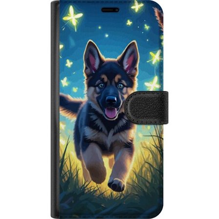 Kompatibelt Plånboksfodral till Xiaomi Xiaomi Redmi Note 14 Pro+ Tysk schäfer valp affisch valp hund hoppar äng fjärilar söt hund illustration bl
