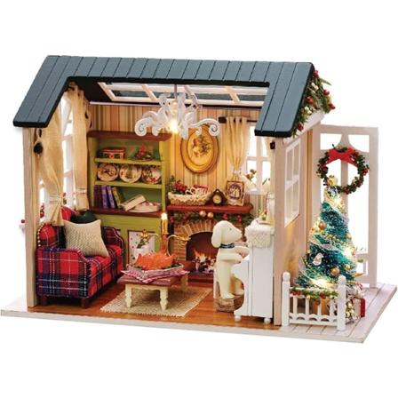 DIY Jul Miniatyr Dockhus Kit Realistisk Mini 3D trähus rum hantverk med möbler LED-lampor Barnens dag födelsedag