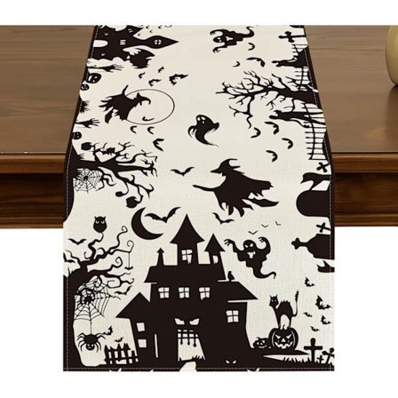 2025 Senaste Modell Spöklikt Spökhus Träd Spöke Häxa Halloween Bordslöpare 33x183 cm Svart Vit Kök Matbord Dekor för Indo