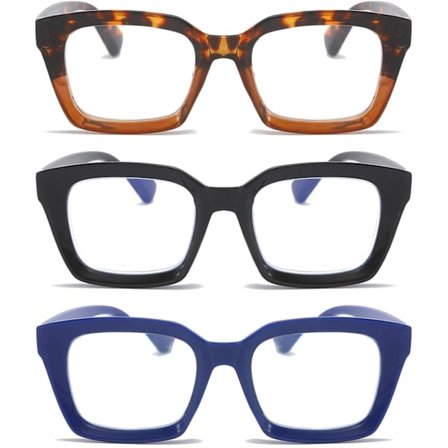 3-pakning overdimensjonerte lesebriller for kvinner (forskjellige farger, 2,5x) - Firkantede rammer med anti-blått lys