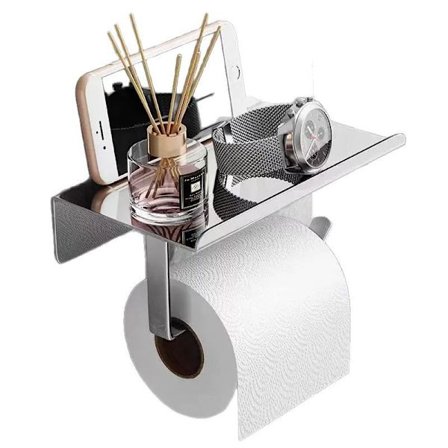Toalettpapirholder med hylle krom, toalettpapirholder, selvklebende, ingen boring nødvendig, toalettpapirholder for bad, rustfritt stål