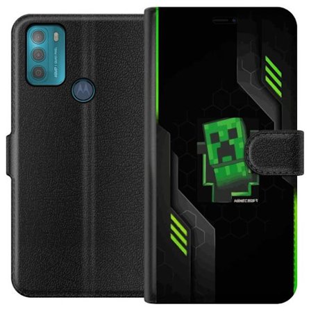 Yhteensopiva Lompakkokotelo Motorola Motorola Moto G50 Vihreä pikselipohjainen peli-esitys, jossa on futuristisia neon-elementtejä ja tumma tech-tau