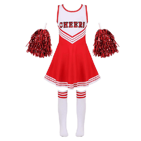 Jenter Cheerleading Uniform Dansekostyme Barn Cheerleader Antrekk Rund Hals Lappeteppe Stil Dansekjole Blomst og Strømper rød 3-4 år