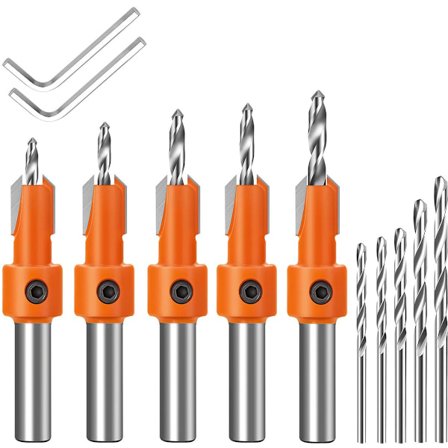 Försänkare Borr Set, 5-delars set med träförsänkare borr, konisk träborr, runt skaft, insexnyckel, set med förborrar