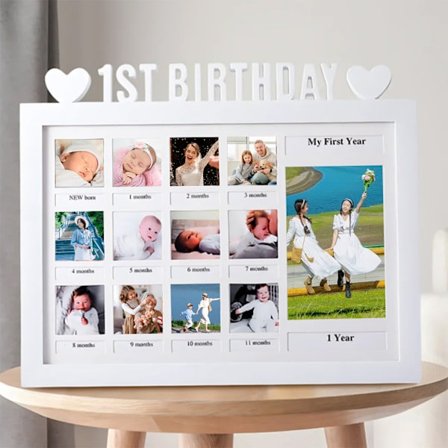 Bilderamme, kollasjeramme, babybilderamme, baby, 1-årsdag, 32,5 × 26,5 cm, for 13 bilder, dekor, hvit
