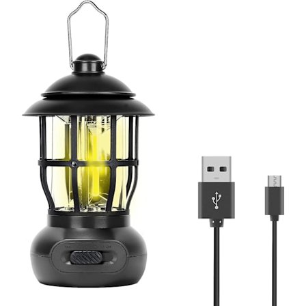 Genopladelig, Bærbar Elektrisk LED Campinglampe Udendørs Hængende Teltlampe Vintage Bordlampe Dekor Trinløs Dæmpning Vandtæt (Sort)