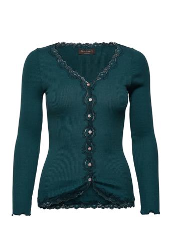 Silk Cardigan W/ Lace Strikket Trøje Cardigan Blå Rosemunde